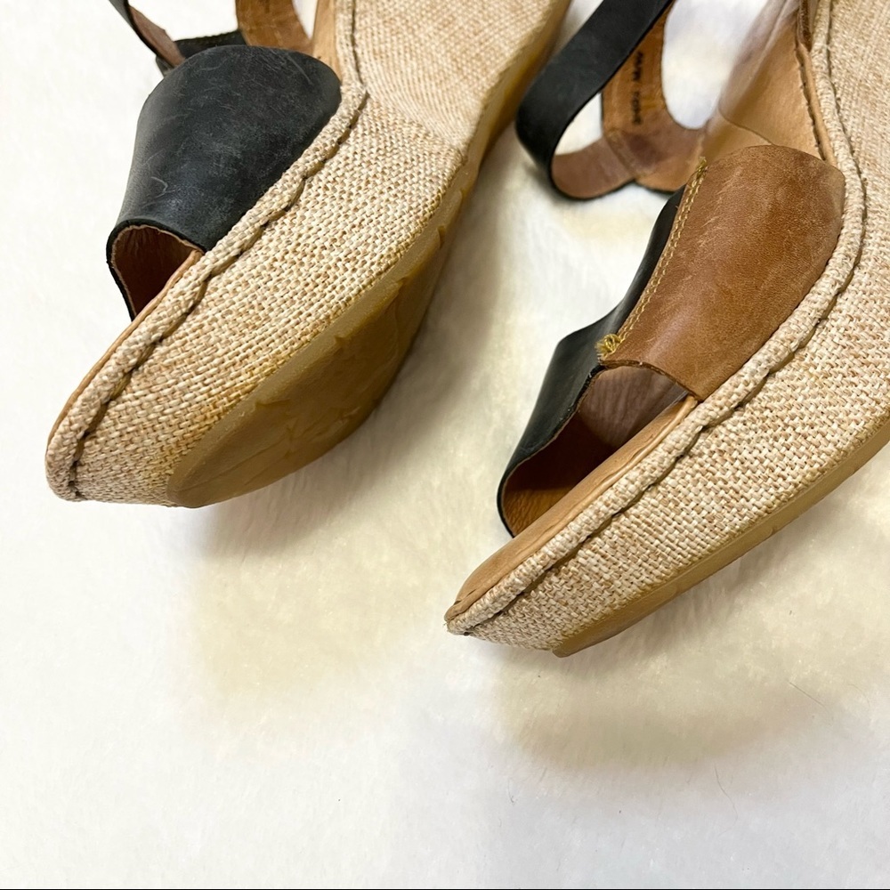 Born Nectar Brown Black Leather Two Tone Open Toe Wedge Sandal Women Size 9 - Picture 8 of 13